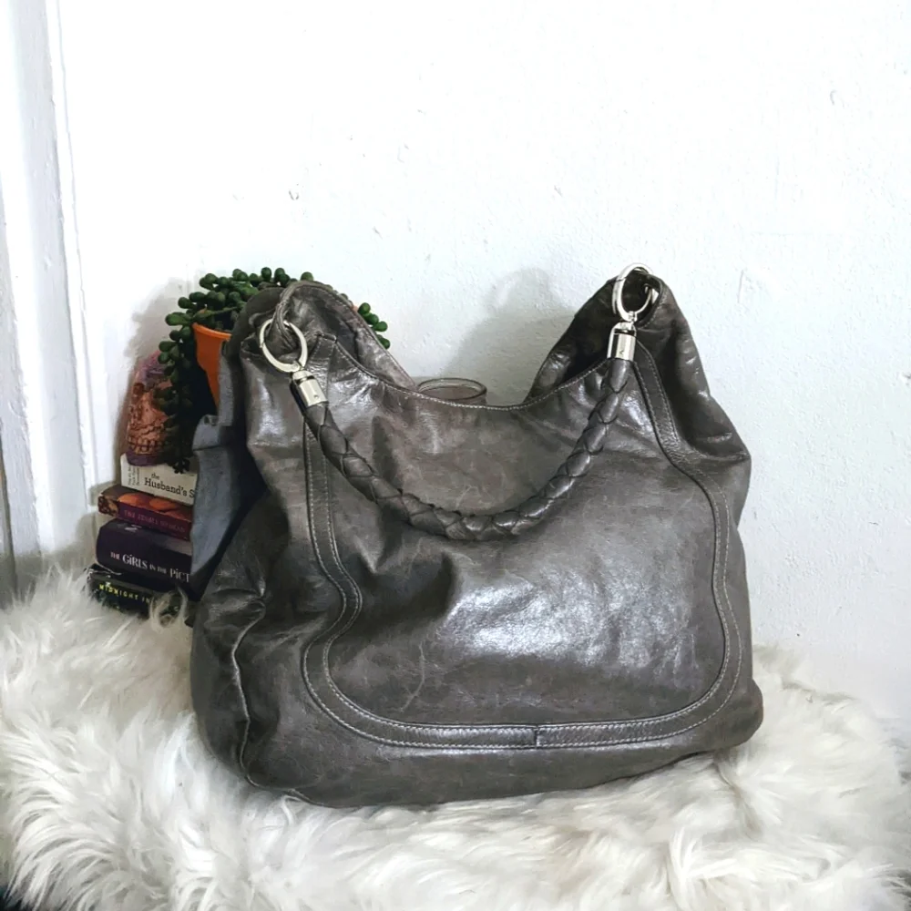 Susan Farber Sicily Metallic Gray Studded Ruffle Hobo Bag